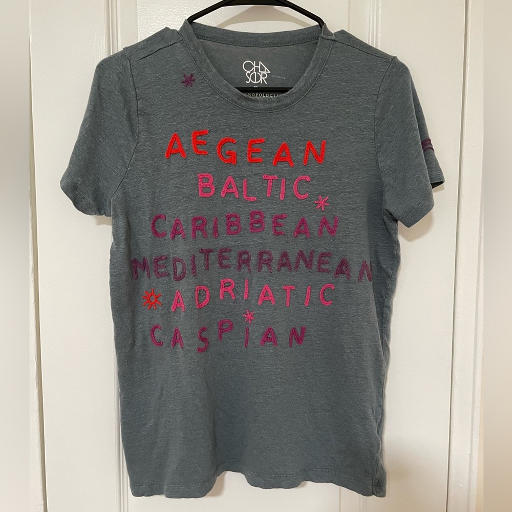 Anthropologie x Chaser Shirt Womens Medium Linen Seven Seas Tee Gray Blue